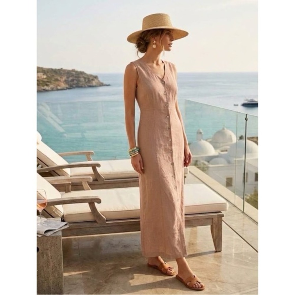 Valerie Stevens Blush Beige Linen Blend Button Front Sleeveless Maxi Dress 8